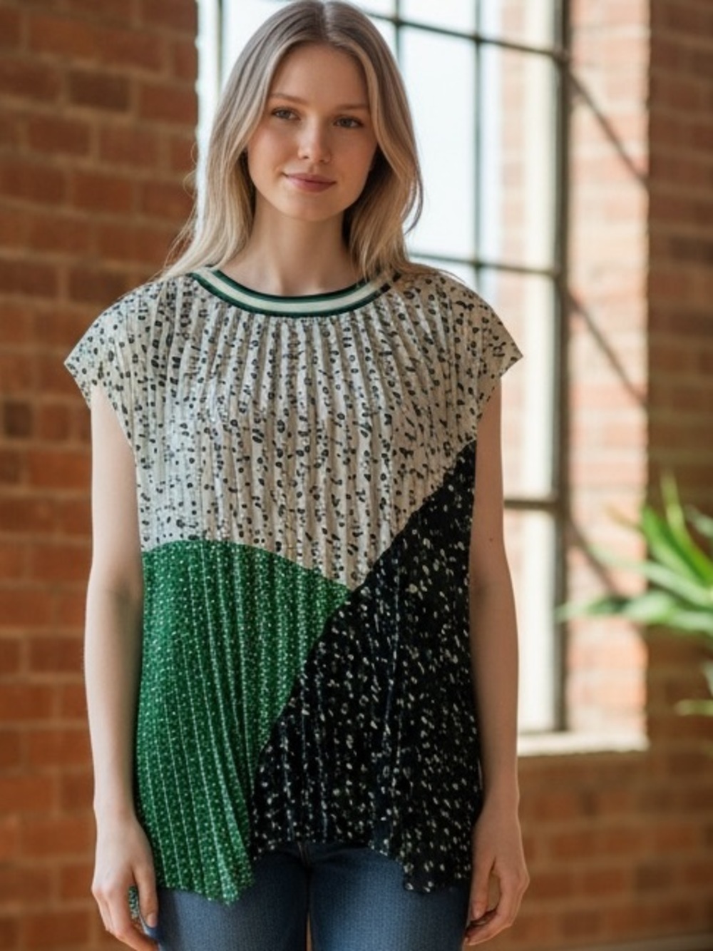 DR2 Green, Black, and Cream Pleated Colorblock Cap-Sleeve Blouse